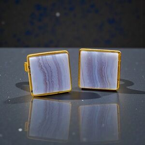 Fabulous Vintage Genuine Polished Blue Lace and Gold Tone Cufflinks